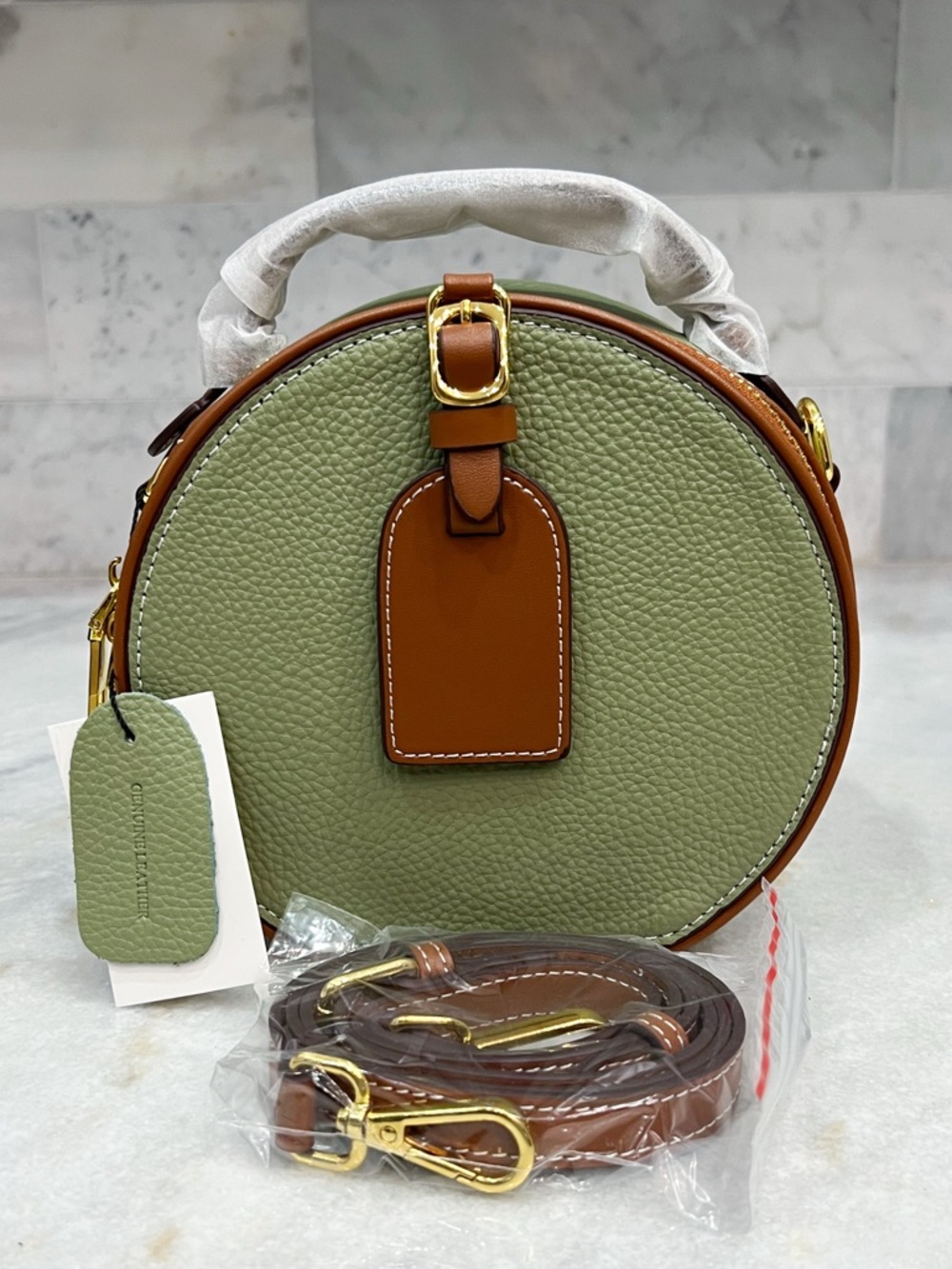 Genuine Pebbled Leather Olive and Tan Round Zippered Crossbody Bag - Picture 1 of 12